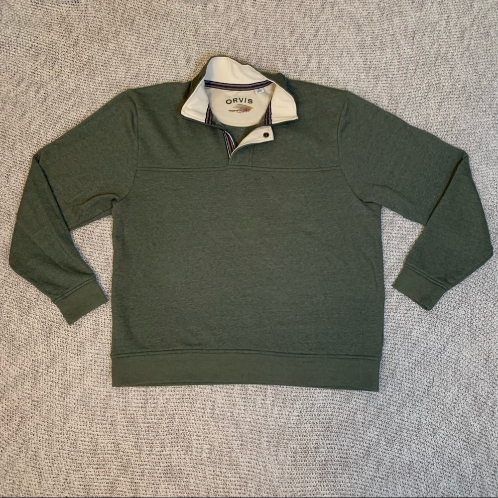 Orvis Olive Green 3/4 Zip Pullover Sweatshirt Patterned with Snap